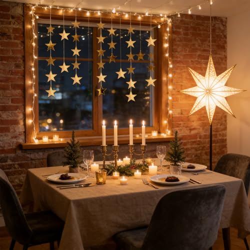 Metallic Gold Paper Star Garland 6 Pack 13ft, Mirror Streamers, Shiny