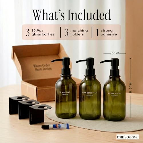 MaisoNovo Refillable Shower Dispenser Set Green & Black, 3-Pack