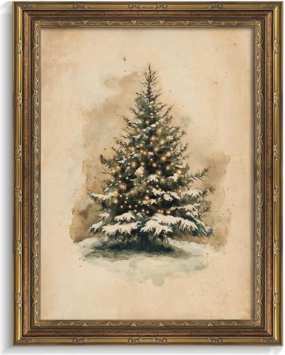 Framed Vintage Christmas Tree Canvas Wall Art 16" x 12" - Farmhouse Rustic Snowy Pine