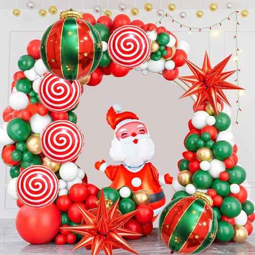 158PCS Christmas Balloon Arch Kit Xmas Party Balloons with Red Green White Golden Balloons Xmas Decoration Foil Balloons