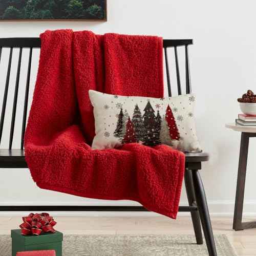 RABUSOFA Christmas Pillow Cover 12x20 Inch Indoor Outdoor Waterproof Merry Christmas Tree Stars Snowflake Decoration Holiday Winter Holiday Pillow Case for Couch Decor Gray and Red