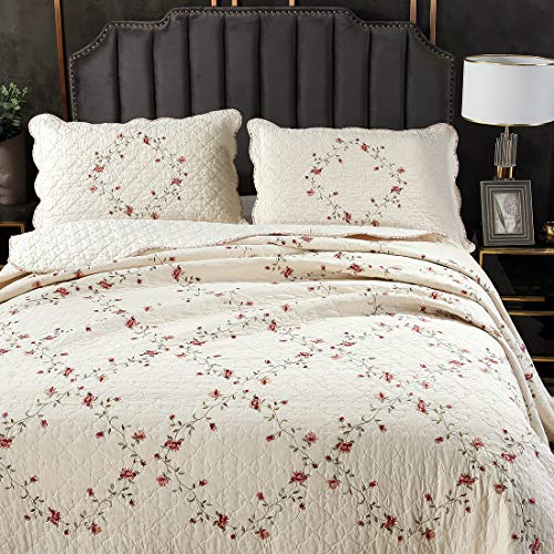 VCTOPS Floral Embroidered Oversize Queen Bedspread & Pillow Shams Set - Cotton, Reversible