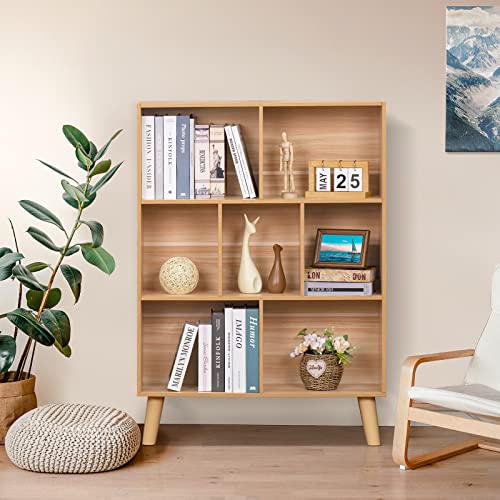 LEYAOYAO Natural 7-Cube Book Shelf with Legs, Mid-Century Modern Wooden Storage