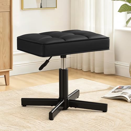 LUE BONA Adjustable Vanity Stool Black Upholstered Faux Leather Swivel Chair