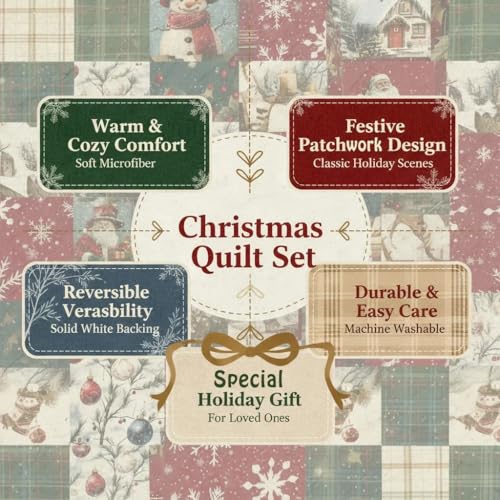 NIDITW 3-Piece Christmas Quilt Set Queen - Retro Plaid Winter Patchwork with 2 Shams