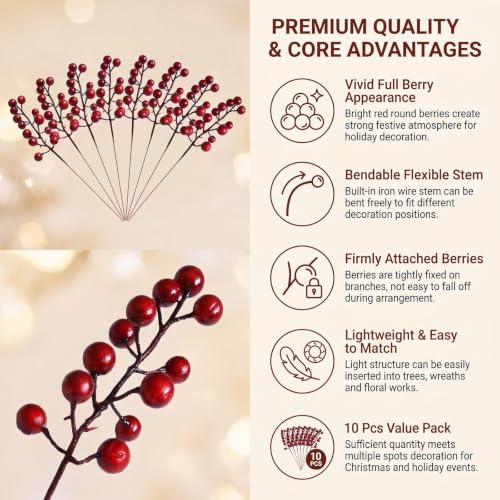VASANA 10-Pack 8-Inch Artificial Red Berry Stems for Christmas Wreaths & Decor
