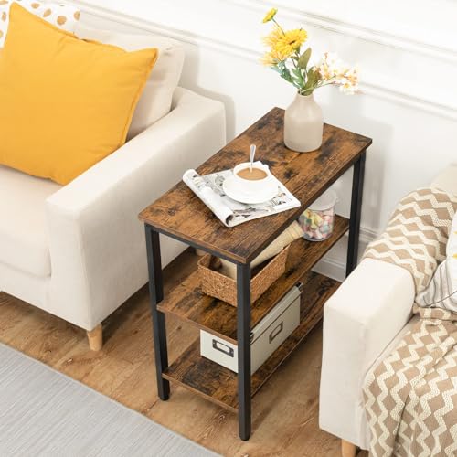 End Table with 3-Tier Storage Shelf - Rustic Brown & Black Narrow Nightstand, Small Space Side Table