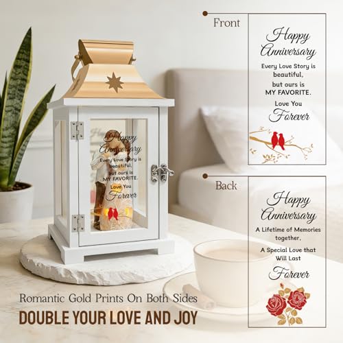Anniversary Lantern Gift for Couples and Parents - Romantic LED Candle, 12.6x6.3 Inches, Rose Gold & Wood