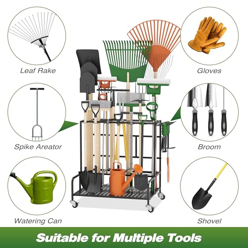 Heavy-Duty Garden Tool Organizer Rack with Wheels & Accessories – Holds Up to 39 Tools