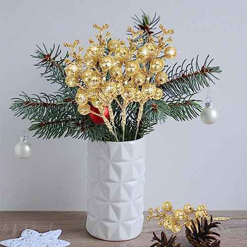 CCINEE 24 Pcs Christmas Gold Berry Stems,7.8Inch Xmas Artificial Glitter Berry Branches for Christmas Tree Ornaments DIY Xmas Wreath Crafts Home and Holiday Decor