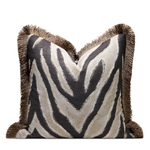 Zebra Throw Pillow Cover with Brown Fringe 18x18 Inch - Jacquard Safari Pattern - Pack of 1 - Variation of Zebra Stripes