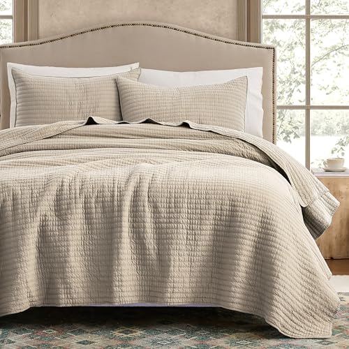 Linen King Size Quilt Set - Warm Yellow Tint, 100% Cotton, Channel Pick Stitch