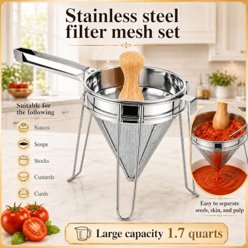 Stainless Steel Chinois Strainer Set with Stand & Pestle for Sauces and Purees