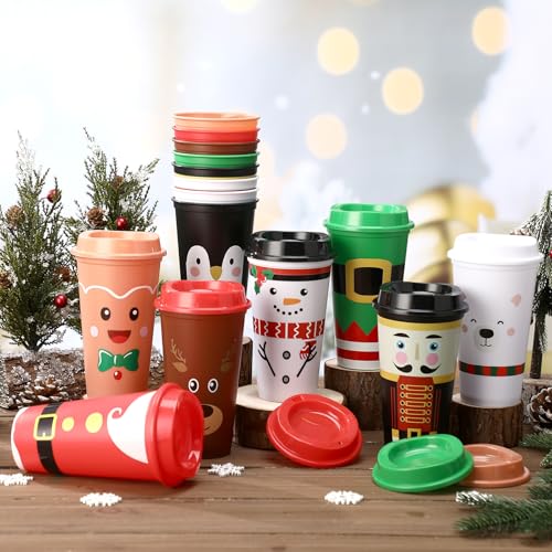 SiliFine 16 Pcs Christmas Coffee Cups with Lids 16 oz - Reusable Travel Mugs (Christmas)