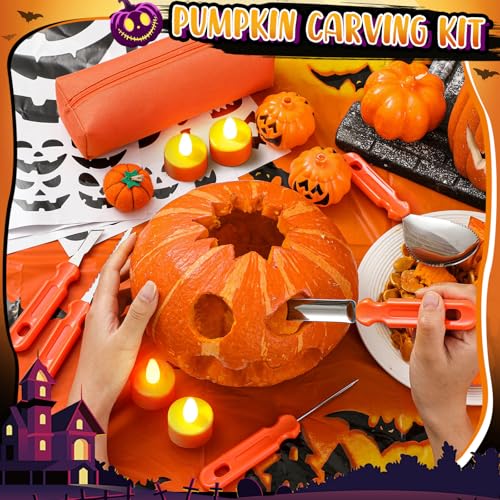 Orange Halloween Pumpkin Carving Kit - 6 Sets with Tools, Stickers & Lights