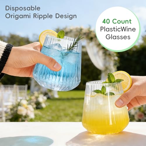 Clear Disposable Plastic Wine Glasses 14 oz, 40 Pack - Stemless Cocktail & Spritz Glasses