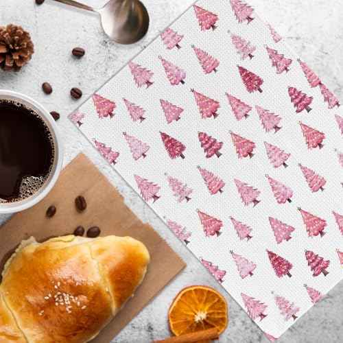 Pink Christmas Tree Kitchen Towels and Dishcloths Set of 2, Pink Christmas Decor, Pink Dish Towels, Merry Christmas Decorative Hand Towels for Bathroom Kitchen Girls Dorm Room, 16¡¿24 Inches