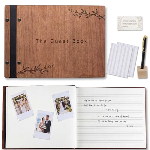 Wedding Guest Book with Signing Pen and Photo Slots - Cherry Wood Cover
