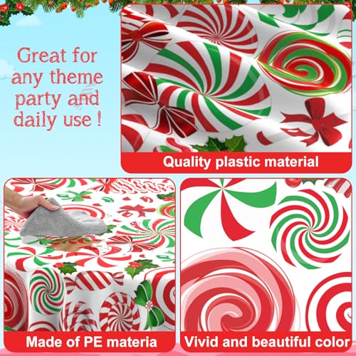 Jectivs 6-Pack 84-Inch Red Green Candy Cane Disposable Tablecloths – Round Plastic Christmas Party Cover