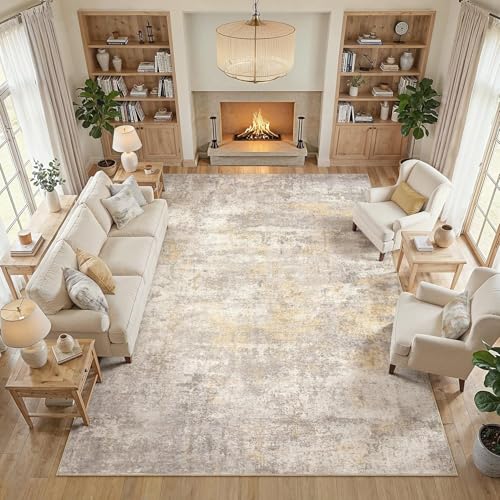 cotiled 8x10 Area Rugs Living Room: Washable Abstract Rug Gold Grey