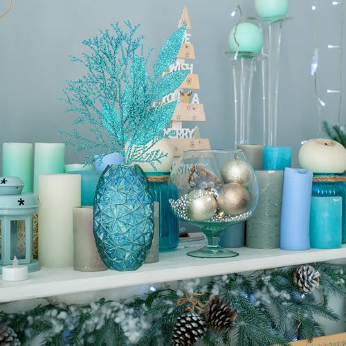 Winlyn Teal Blue Glittered Artificial Christmas Leaf Sprays - 30 Pcs Holiday Floral Decor