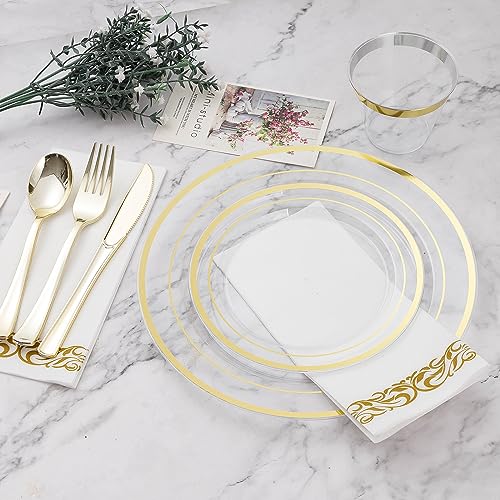 Clear Gold Disposable Dinnerware Set for 100 Guests - 700 Pieces