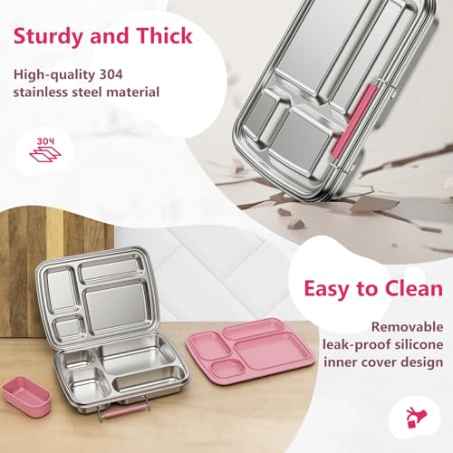Pink Stainless Steel Bento Lunch Box for Kids & Adults, 4 Compartments, Sauce Container