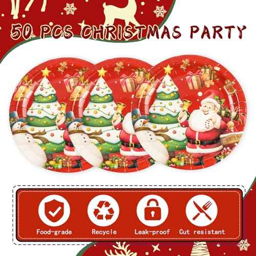 50PCS Merry Christmas Paper Plates - 7Inch Winter Theme Dessert Plate for Cake Salad Fruit Cartoon Tableware Set Disposable Decoration Supplies for Winter, Christmas Party