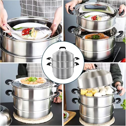 MANO 14.2 Inch Stainless Steel 2-Tier Steamer Pot with Lid for Cooking & Food Prep