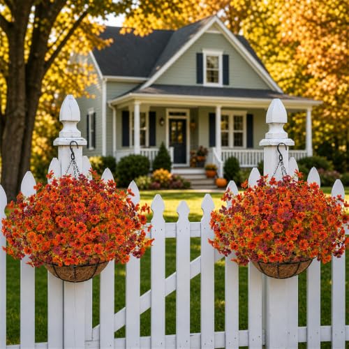 Artificial Fall Hanging Baskets Outdoor Set with Faux Flowers, 2 Pcs Orange Red