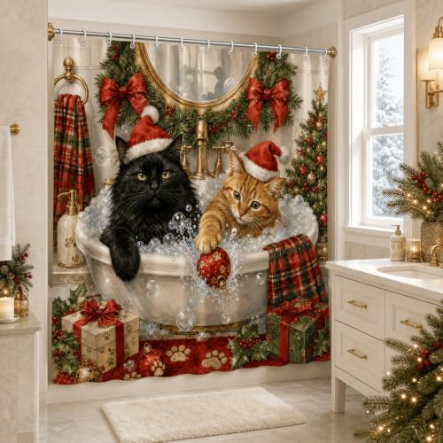 Christmas Cat Shower Curtain 72x72 Inch Waterproof Polyester with Cats in Bubble Bath - Holiday Pet Bathroom Decor, Includes 12 Hooks - Christmas Cat Bath Variant