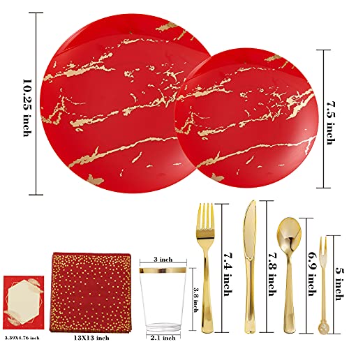 Disposable Dinnerware Set - 225 Pieces Red & Gold Plastic Plates for Hibachi & Asian-Themed Parties - Variation: Gold / 225PCS
