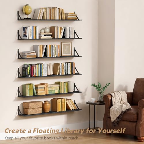 48 Inch Wall Floating Bookshelf - Rustic Black Wood Shelving for Living Room