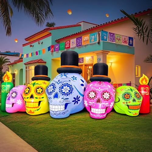 7FT Halloween Inflatable Skull Decoration with LEDs - Dia de Los Muertos Yard Decor
