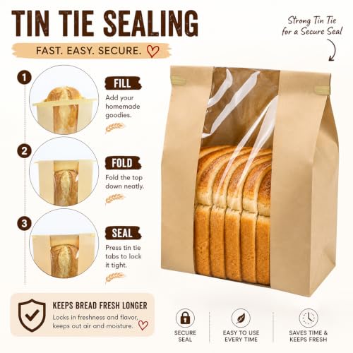 Yellow 200 Pack Large Sourdough Bread Bags with Tin Tie & Stickers - Rustic Bakery Supplies