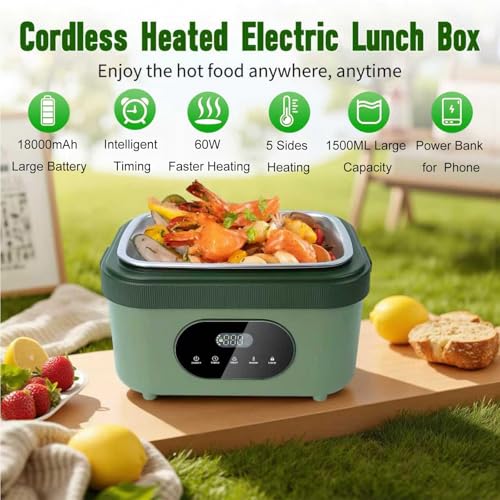 MDHAND Green Cordless Heated Lunch Box with 18000mAh Battery, Self-Heating & Timer