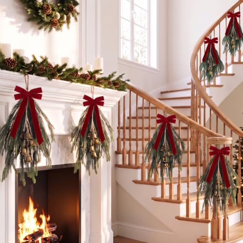 Cindeer 6-Pack 20-Inch Christmas Teardrop Swags Indoor Outdoor Decor Burgundy & Green