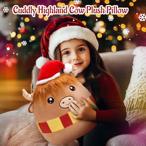 WEWILL 12'' Christmas Highland Cow Soft Plush Pillow Xmas Highland Cow Stuffed Animal Gifts for Toddler Kids Boys Girils