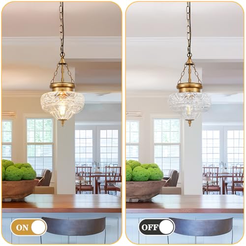 Vintage Brass Pendant Light for Kitchen Island - Textured Glass, 9.5in, Gold & Patterned Glass