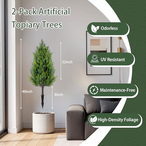 3FT Artificial Cedar Topiary Trees with Ground Spike - Realistic Faux Plants for Indoor Outdoor Porch Garden Set of 2 - Evergreen UV Resistant