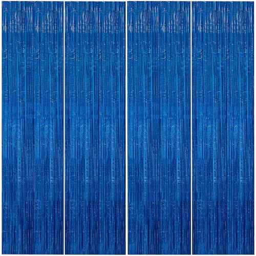 Pack of 4 Metallic Tinsel Foil Fringe Curtains,3.2 ft x 8.2 ft Shimmer Curtain Streamers Party Photo Backdrop for Birthday Wedding Party Baby Shower Boy Decorations(Blue)
