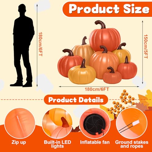 Fall Stacked Pumpkin Inflatable with LED Lights - 6 ft Tall Outdoor Halloween Decor - Harvest Stack Variation