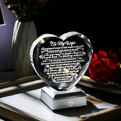 Gifts for Wife from Husband - Crystal Heart with Multicolor Base (Ornalrist) - Keepsake Night Light