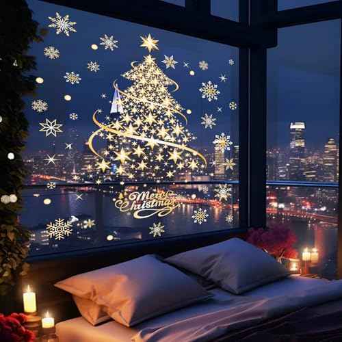 Large Christmas Window Clings for Glass Windows, Golden Christmas Tree Window Stickers Decals for Winter Holiday Door Wall Home Office Party Decorations