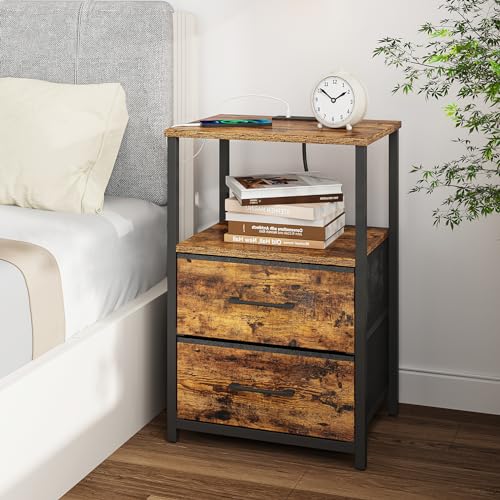 Set of 2 Nightstands with Charging Station Brown - End Tables with USB & AC Outlets