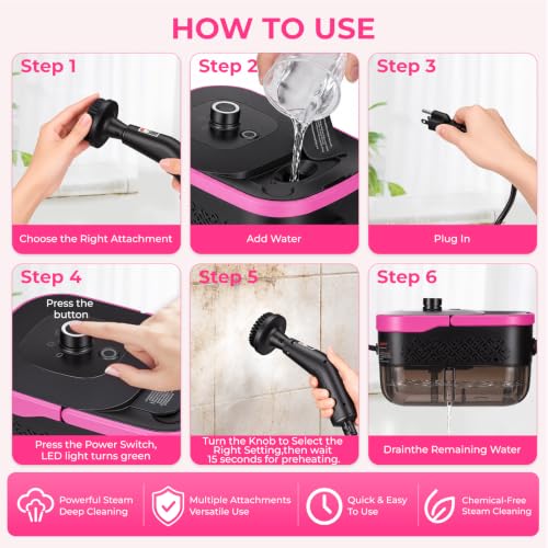 Pink Portable Handheld Steam Cleaner - Lightweight Multi-Purpose Home & Car Cleaning