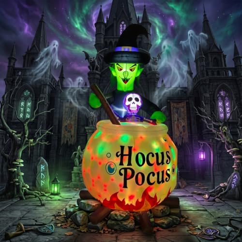 Enlik 6 FT Inflatable Witch and Cauldron Halloween Yard Decor with RGB Light Show - Outdoor Spooky Blow Up for Lawn, Porch, Garden, Party, Halloween Decorations
