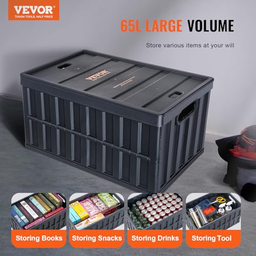VEVOR 65L Black Collapsible Storage Bins with Lids - 3 Pack, Stackable, Space-Saving