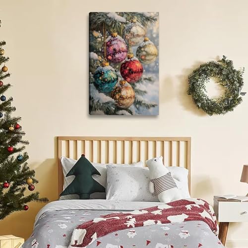 FENNIDICE Christmas Tree Canvas Wall Art 16x24 Snow Scene Winter Decor with Baubles