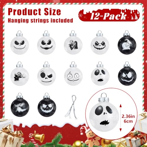HTTHPVASE 12-Pack Night Nightmare Black & White Skull Christmas Ball Ornaments 2.36" 60mm Shatterproof
